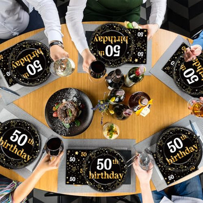 Qyeahkj 48Pcs 50th Birthday Paper Plates and Napkins Black and Gold Happy Birthday Party Decorations Cheers to 50 Years Party Supplies 50 Years Old Disposable Tableware Set for Women Men Serve 24 - style: 50th Birthday
