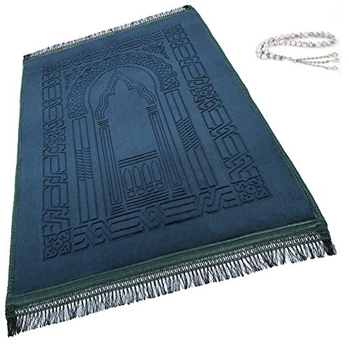 Prayer Mat Muslim Mat Islamic Thick Large Padded Sajadah for Kids Men Women with Islam Prayer Beads for Eid Travel Ramadan Soft Luxury Ideal for Knees and Forehead (Green) - color: R Green