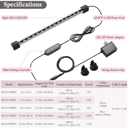 Dirvin LED Fish Tank Light with Timer, 24/7 Mode & 3 Color Aquarium Light | Submersible Adjustable Brightness, IP68 Waterproof, Sunrise-Daylight-Moonlight, Auto On/Off for Fresh and Salt Water, 6W - size: 11in