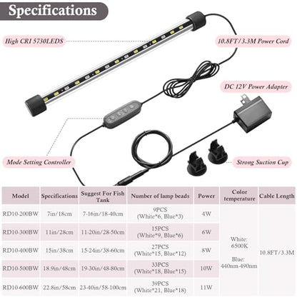 Dirvin LED Fish Tank Light with Timer, 24/7 Mode & 3 Color Aquarium Light | Submersible Adjustable Brightness, IP68 Waterproof, Sunrise-Daylight-Moonlight, Auto On/Off for Fresh and Salt Water, 6W - size: 11in