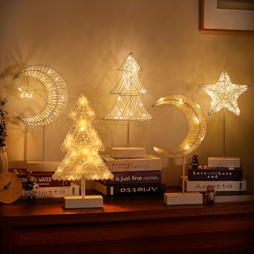 Lewondr Decorative Table Lamp, Christmas Moon Star Ramadan Desk Lamp Battery Powered Warm LED Crescent Light for Xmas Home Bedroom Bedside Desktop Nightstand Decoration, White - style: Moon + Star