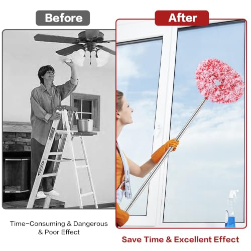 Ceiling Fan Cleaner Duster Reusable Microfiber Ceiling Fan Blade Cleaner Removable Duster with Extension Pole Adjusts 13 to 49.7 Inch for Cleaning Walls Furniture Door Window Top (Red White) - color: Red White