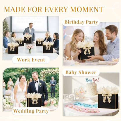 ANZNKU 2PCS Black Medium Gift Bags with Handles 4 Tissue Paper 2 Ribbons 2 Cards, Gift Wrap Bags Set for Women & Men Birthday Graduation Wedding Engagement Bridal & Baby Shower Presents Party Favors - color: Luxury Black