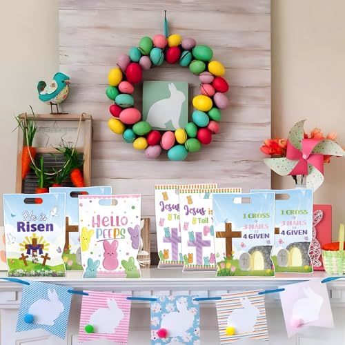 Falueqg Religious Easter Party Favor Bags - 100 Pcs He is Risen Happy Easter Goodie Candy Gift Bags Cross Rabbit First Communion Party Favors for Christian Spring Jesus Holiday Baptism Supplies - color: Easter