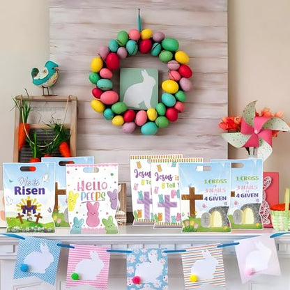 Falueqg Religious Easter Party Favor Bags - 100 Pcs He is Risen Happy Easter Goodie Candy Gift Bags Cross Rabbit First Communion Party Favors for Christian Spring Jesus Holiday Baptism Supplies - color: Easter