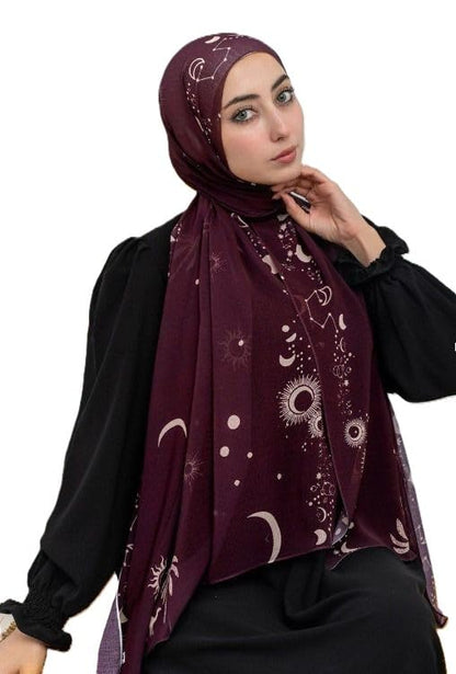 Hijab Modest and Elegant | Beautifully Designed Printed Chiffon Patterns | Muslim Women Head Scarf and Veil - color: Red M