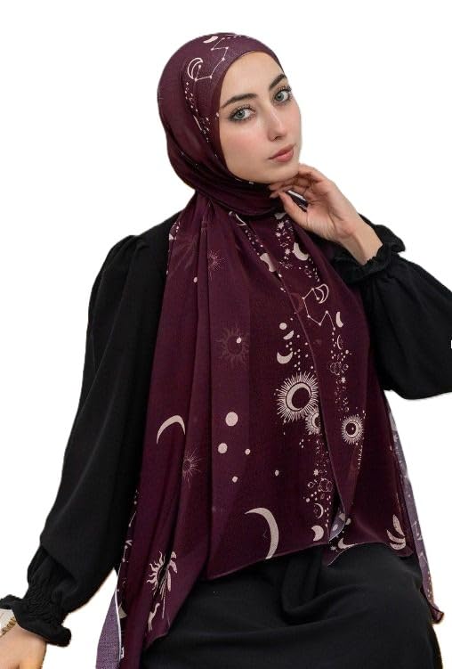 Hijab Modest and Elegant | Beautifully Designed Printed Chiffon Patterns | Muslim Women Head Scarf and Veil - color: Red M