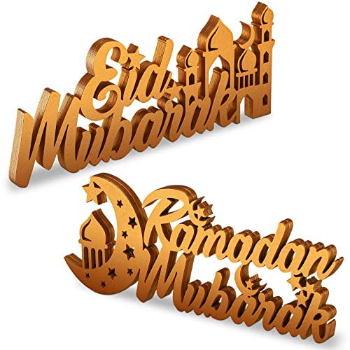 2 Pieces Ramadan Mubarak Wood Sign Eid Mubarak Wooden Tabletop Decor Moon Star Islamic Mosque Centerpiece for Home Decoration