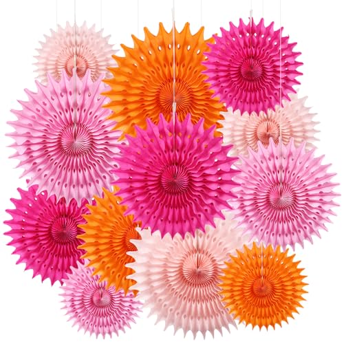 12PCS Paper Fans Orange and Hot Pink Party Decorations Tissue Paper Flowers Decorations for Girl Groovy Birthday Baby Shower Wedding Bachelorette Room Wall Hanging Décor - color: Orange Hot Pink
