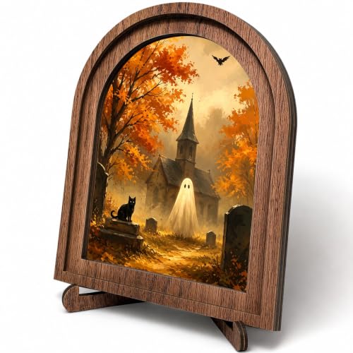 Halloween Ghost Cat Arched Table Sign, Rustic Farmhouse Decor - color: Ghost Church Graveyard