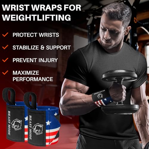 TECEUM Weightlifting 18" & 12" Wrist Wraps with Thumb Loop – Heavy Duty Wrist Workout Braces for Men and Women – Ideal for Powerlifting, Strength Training, Bodybuilding - color: US Flag, style: 18" – Beast Mode