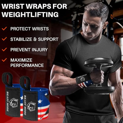 TECEUM Weightlifting 18" & 12" Wrist Wraps with Thumb Loop – Heavy Duty Wrist Workout Braces for Men and Women – Ideal for Powerlifting, Strength Training, Bodybuilding - color: US Flag, style: 18" – Beast Mode