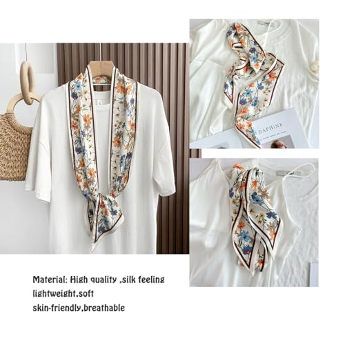 Silk Feeling Head Scarf Fashion Satin Hair Scarf Square Long Scarves for Women Gifts - color: 02 Daisy Flower Beige 5.12 X 59 Inch