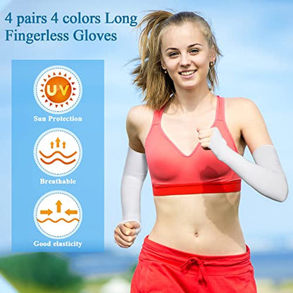 Meanplan 4 Pair Fingerless Sun Protection Gloves UV Arm Sleeves with Thumb Hole for Summer Outdoor Driving Football Women Men - color: Multicolor
