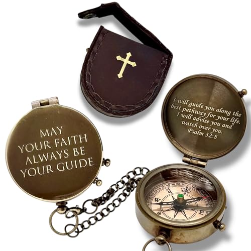 Engraved Brass Compass with Sundial Clock May Your Faith Always Be Your Guide Psalm 32:8 Christian Keepsake Gift Direction Guide Compass with Carry Case for Special Religious Occasions