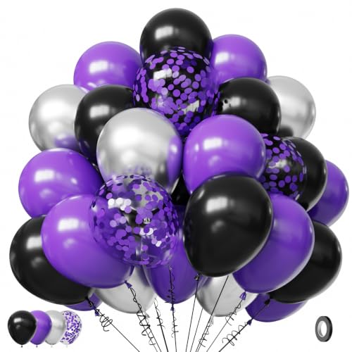 Halloween Balloon 12Inch, 60Pcs Black Purple and Silver Balloons - color: Black Purple and Silver