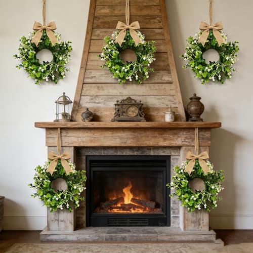 4 Pcs Small Spring Summer Hanging Wreaths for Cabinets Artificial Greenery Eucalyptus White Berry Mini Candle Ring Wreath with Foliage for Home Kitchen Front Door Window Porch Wall Wedding Decor