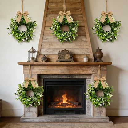 4 Pcs Small Spring Summer Hanging Wreaths for Cabinets Artificial Greenery Eucalyptus White Berry Mini Candle Ring Wreath with Foliage for Home Kitchen Front Door Window Porch Wall Wedding Decor