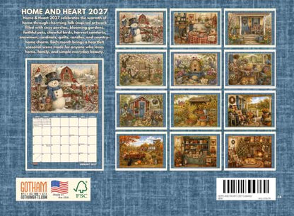 Home And Heart Calendar 2027 Folk Art Monthly Wall Calender 12 Month | American Made In The USA - color: Home and Heart