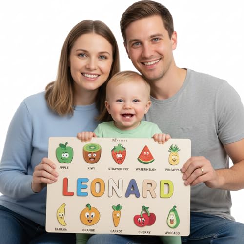 Personalized Name Puzzle for Toddlers 1-3, Customized Baby Girl Gift, Custom Baby Boy Gift, Wooden Name Puzzle for Kids, Custom Baby Stuff, Baby Nursery Room Decor - Set 4 - style: Fruits - 10 Figures