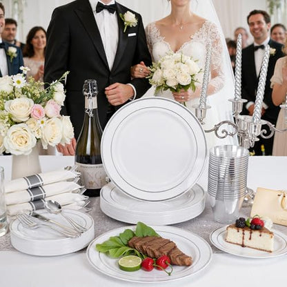 WDF Partyware 175PCS Sliver Plastic Plates - Silver Plates Disposable - White Plate with Silver Trim 25Guests Plastic Dinnerware Sets with Rolled Napkins for Wedding Baby Shower Spring Birthday - color: White and Silver, size: 175PCS