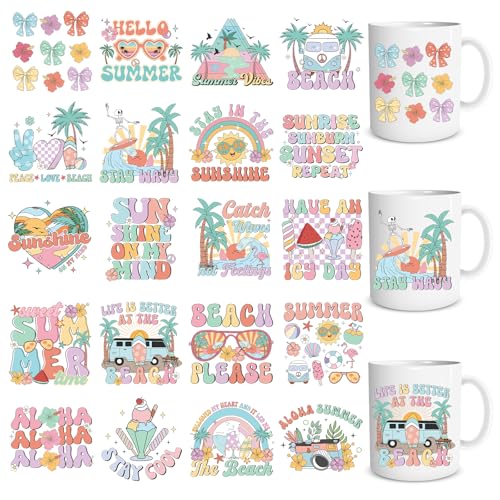UV DTF Cup Wrap - 20 Sheets Retro Summer UV DTF Cup Wraps for 16 OZ Glass Mugs, Hawaiian Aloha Beach Bow UVDTF Decals, Sun Flower Rub on Transfer Stickers for DIY Crafts - style: Summer