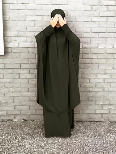 Womens Muslim Abaya Solid Prayer Dress Islamic Maxi Kaftan with Hijab Dubai Full Length 2 Piece Dress - color: 1dark Brown