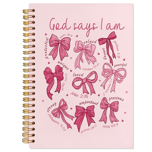 YTRGI God Says I Am Christian Journaling Notebook, Coquette Pink Bow Bible Notebooks for Note Taking, Scripture Journals for Writing, Prayer Journal for Woman, Preppy Spiral Notebook 5.5x8.3 Inch - color: God Says
