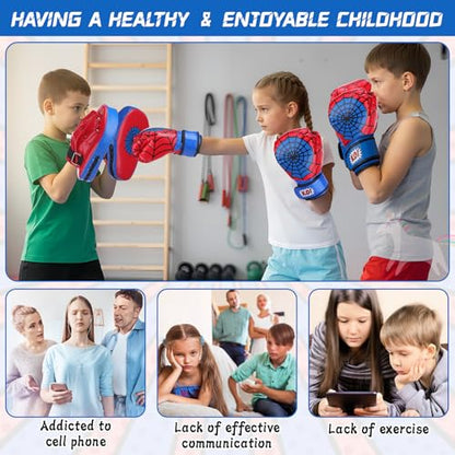 Boxing Gloves and Punching Mitts Set 4oz Gloves Boxing Pads Kids Youth Sparring Gear Training Equipment for Taekwondo Kick Karate Muay Thai MMA Martial Art - style: Red Spider