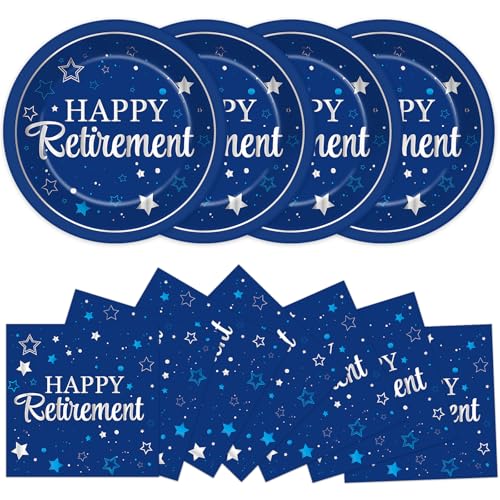 Qyeahkj 48Pcs Happy Retirement Paper Plates and Napkins Retirement Party Decoration Farewell Party Supplies Blue Silver Disposable Paper Dessert Tableware Set for Women Men Leaving Graduation Serve 25 - style: Retirement