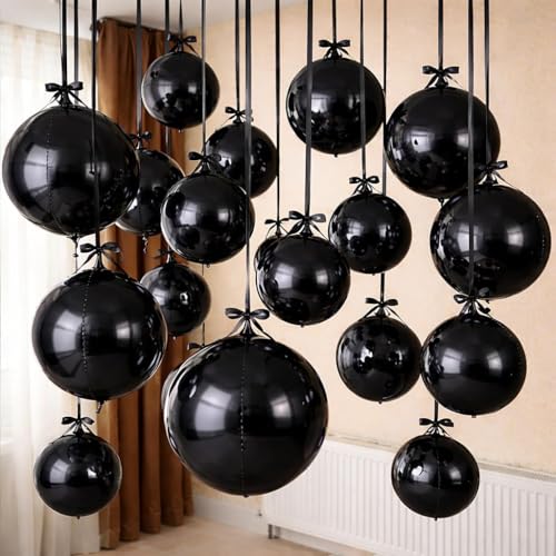 Togvu Black Round Foil Balloons, 12PCS Different Sizes 4D Metallic Balloon - color: Black