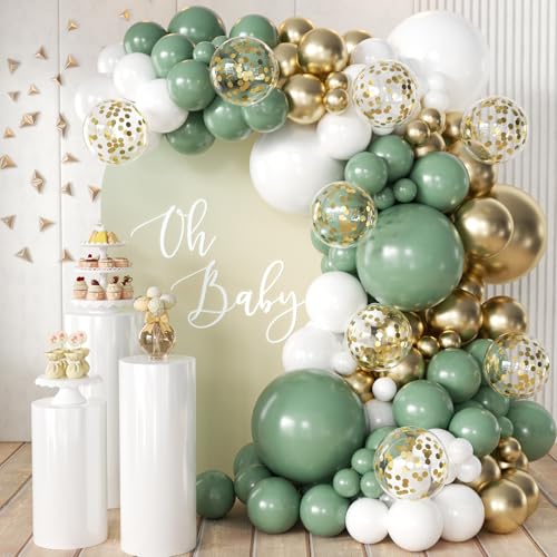 MEBAY Sage Green Balloon Arch Kit, 166Pcs Olive Green White Gold Balloons Garland for Baby Shower Birthday Wedding Jungle Safari Party Decoration - color: Green-white-gold
