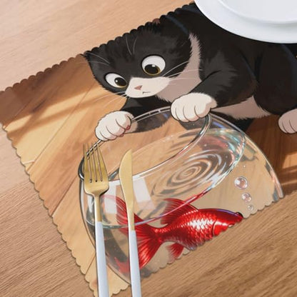 Cat Fish Tank Washable Placemats Set of 6-Heat Resistant Dining Table Mats, Non Slip Kitchen Table Decor