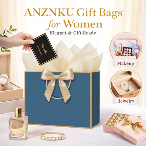 ANZNKU 2PCS Blue Gift Bags Set, Medium Gift Bags with Handles 4 Tissue Paper 2 Ribbons 2 Cards for Women & Men Wedding Birthday Graduation Bridal Baby Shower Engagement Party Favors Present Wrap - color: Navy Blue
