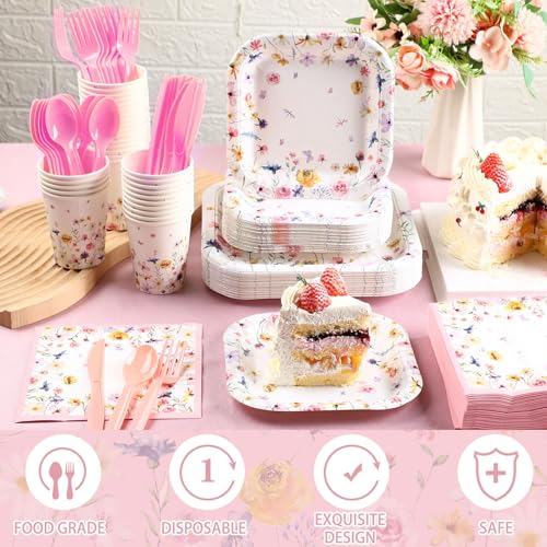 350 Pcs Wildflower Paper Plates and Napkins Set 9 Inch 7 Inch Disposable Durable Spring Floral Dinnerware Set Wedding Baby Shower Party Supplies Tableware Serve 50 Guest Cups Knife Forks Spoon - color: Pink, style: Wildflower
