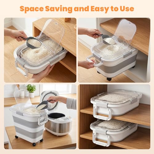 30 Lbs Rice Storage Container with Wheels, Collapsible Airtight Dog Food Storage Container with Transparent Lid, Measuring Cup, Scoop, Handle, BPA Free Rice Holder for Pet Food, Grain, Bird Seed - color: Grey/25-30lbs