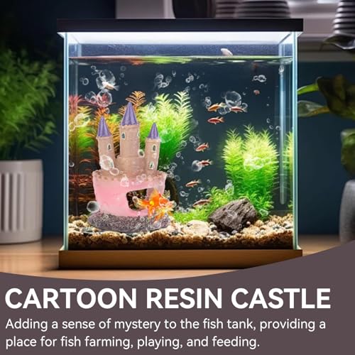 HERCHR Castle Aquarium Decoration, Fish Tanks Ornament Resin Castle Cave Hideouts House Plants Supplies Accessories Safe for Freshwater and Saltwater Fish Tanks(Pink)