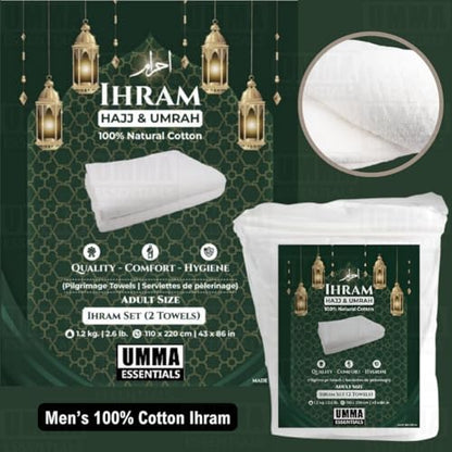 Ihram Ehram Ahram for Men, 100% Cotton, Hajj Umrah Ihram Ehram Towels, Hypoallergenic, Quick-Drying, Lightweight, Breathable, 2 Count, White, Adult Size 110 x 220cm = 43X86 inch