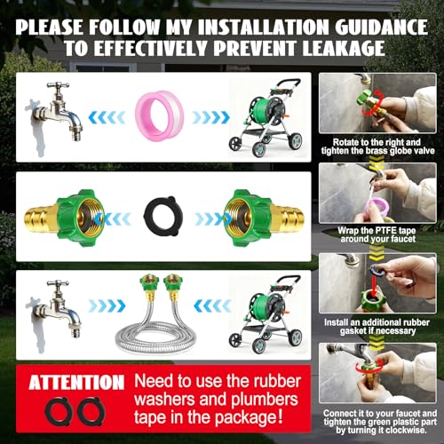 Female to Female Short Garden Hose Adapter 8FT,Hose Reel Connecting Hose | Stainless Steel Leader Hose Connector for Hose Reel,Flexible,Kink-Free & No Leak Outdoor Water Pipe Extension - size: 8FT