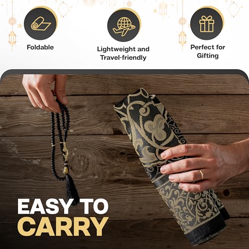 Muslim Prayer Rug with Islam Prayer Beads - Travel Prayer Mat, Islamic Gifts for Women, Portable Prayer Matt Islam, Islamic Prayer Rug Islam Men Women, Praying Mat for Muslim Gifts, Black