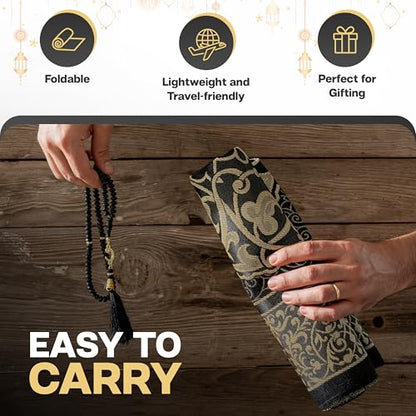 Muslim Prayer Rug with Islam Prayer Beads - Travel Prayer Mat, Islamic Gifts for Women, Portable Prayer Matt Islam, Islamic Prayer Rug Islam Men Women, Praying Mat for Muslim Gifts, Black
