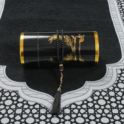 Islamic Prayer Rug Elegant Masjid Pattern Thin Mat Muslim Portable Blanket with Beads Ramadan Eid Gift Rug Turkish Prayer Carpet - color: Setc Black