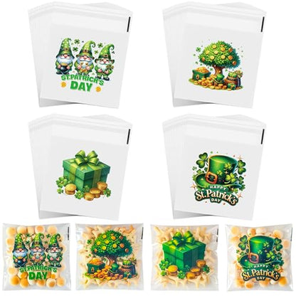 ZYLOP Self-Sealing St. Patricks Cookie Bags – 100PCS 4x4 Inch Green Shamrock Cellophane Treat Candy Goodie Bags, Clear Self-Adhesive Gift Bags for Irish Party, Classroom, Bakery, Holiday Favors - color: St. Patricks 100pcs