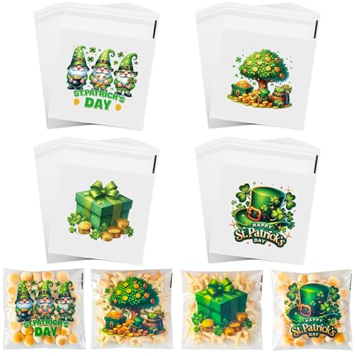 ZYLOP Self-Sealing St Patricks Cellophane Goodie Bags - 4x4 Inch 200 PCS Plastic Self-Adhesive St Patricks Cookie Candy Treat Bags for Gifts Giving Shamrock Bags Holiday Candy Bags Wrap, 4 Style - color: St. Patricks 200pcs