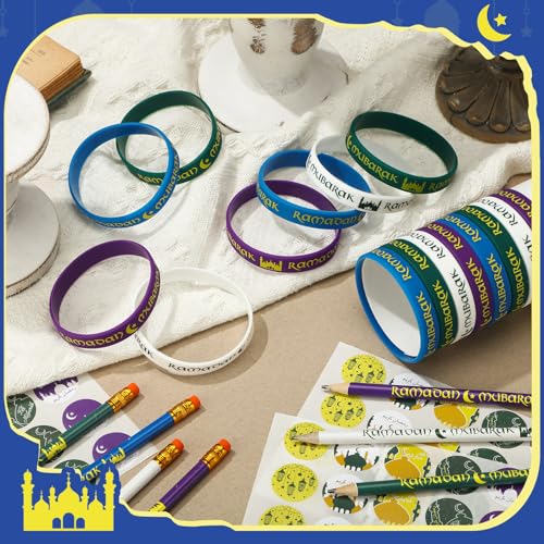 TecUnite 130 Pcs Ramadan Gifts 2026 Eid Mubarak Gifts Bulk for Kids Includes Eid Pencils Silicone Wristbands Islamic Stickers Ramadan Party Supplies for Kareem Basket Bag Stuffers Decoration