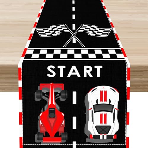 Racing Car Table Runner,Black Red White Pattern with Start Flag Race Cars Decor for Kids Party Dinner Festival Farmhouse Holiday Dining Room, 13"x36" - color: Car-4, size: 13"X36"