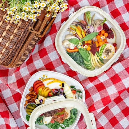Crudités | Portable Snack Tray | Square 2-Pack | Cream White | Reversible Stretch Lid Food Containers | BPA-Free, Freezer & Dishwasher Safe | Meal-Prep, Charcuterie, Salads, Picnic, Travel - size: Square, 2 Pack