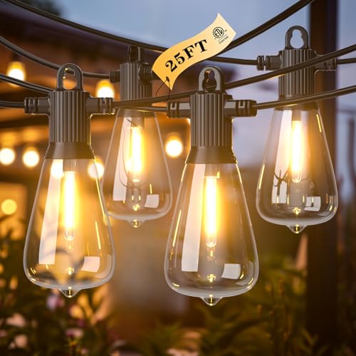 Kawaya Outdoor Patio String Lights: 25 FT LED Outside Patio Light with 12 Shatterproof Vintage Bulbs - 2700K Dimmable IP65 Waterproof Edison Outdoor Lighting for Porch Deck Bistro Cafe Party - size: 25FT