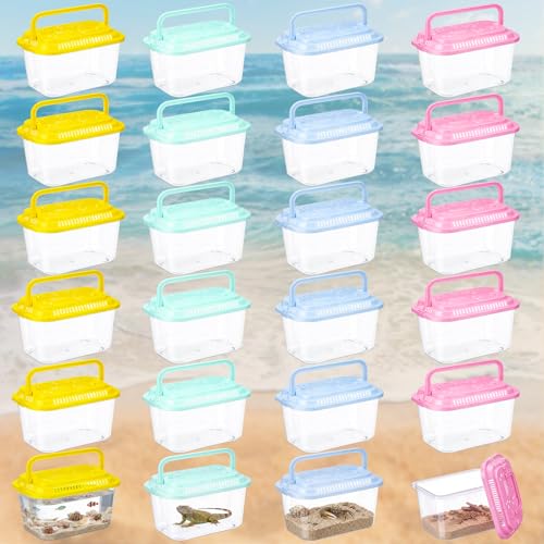 Leinuosen 24 Pcs Plastic Reptile Terrariums Carrier Cage Small Fish Transport Container with Handle Tarantula Enclosure Snake Breeding Box Hatching Container Clear Tank Aquarium for Crab Turtle