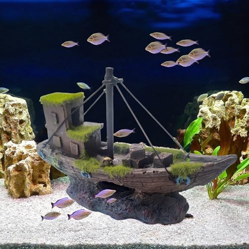 kathson Betta Fish Tank Shipwreck,Aquarium Sunken Ship Decorations Resin Sunken Boat with Cave Hideouts Fish Tank Shipwrecks Decor Saltwater Freshwater Aquarium Ornaments for Hiding Accessories - style: Sunken ship (B)